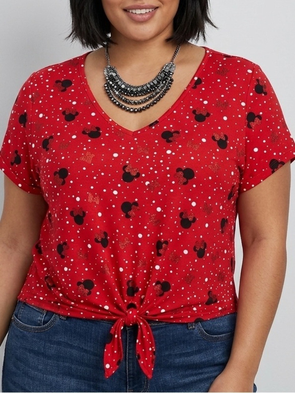 😍CLEARANCE - MINNIE MOUSE Glitter Sequin bows Waist Length Tie Front Top size L